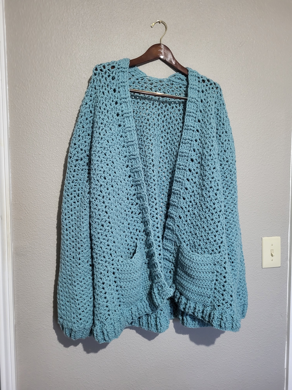 Cozy Open-Front Crochet Cardigan Sweater - Light Teal XL